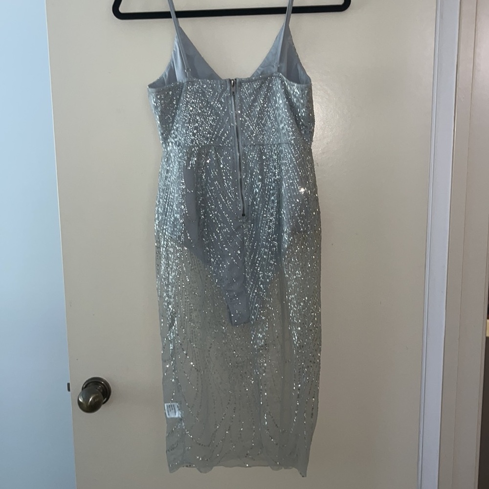 HELLO MOLLY Sheer silver glitter bodysuit bodycon mesh dress - Picture 3 of 9